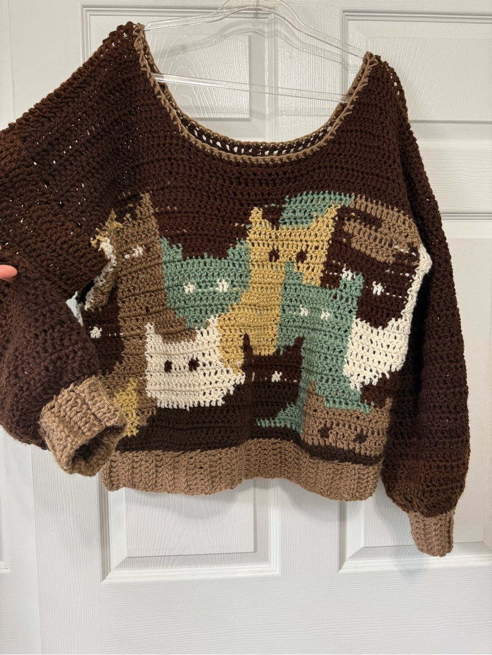 Handmade by my mom Crocheted Cat Sweater in Brown, Cream, Teal & Tan brand new - Picture 8 of 8